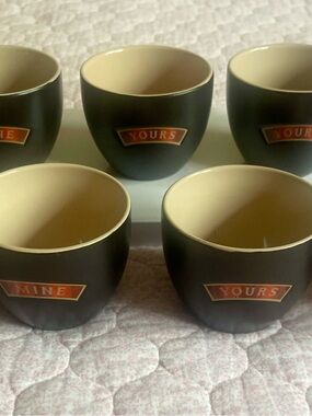 7 Bailey’s Cup Set with Red 'YOURS'/'MINE' Vintage